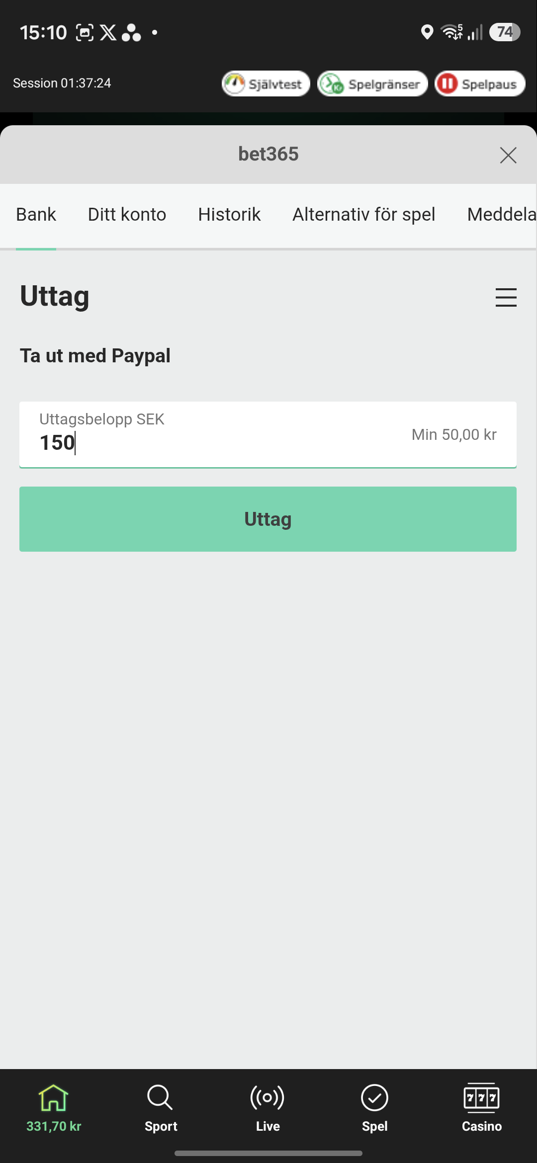PayPal uttag Bet365 2