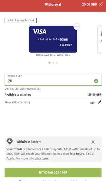 Debit card withdrawal on the Ladbrokes app