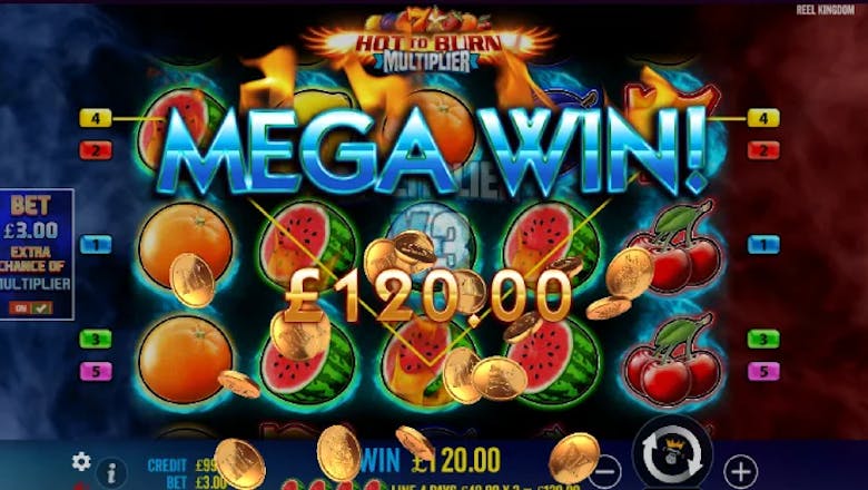 hot to burn multiplier online slot mega win screenshot