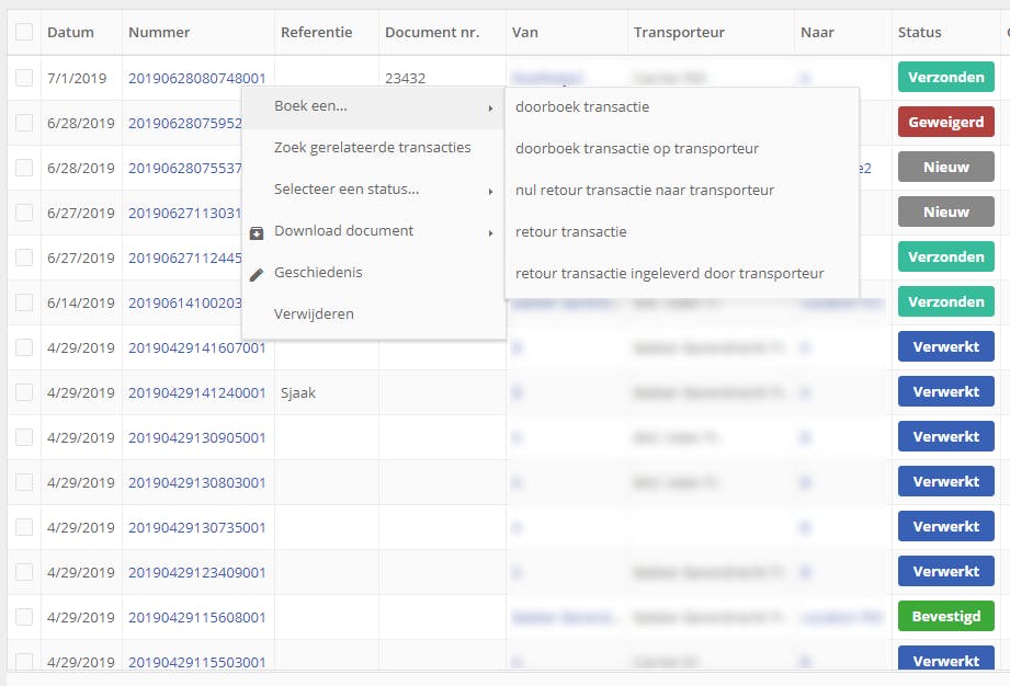 TrackOnline transactieoverzicht acties