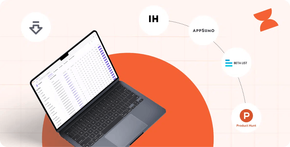 Laptop showing analytics dashboard with logos of Product Hunt, AppSumo, BetaList, Indie Hackers—illustrating SaaS launch on top directories.