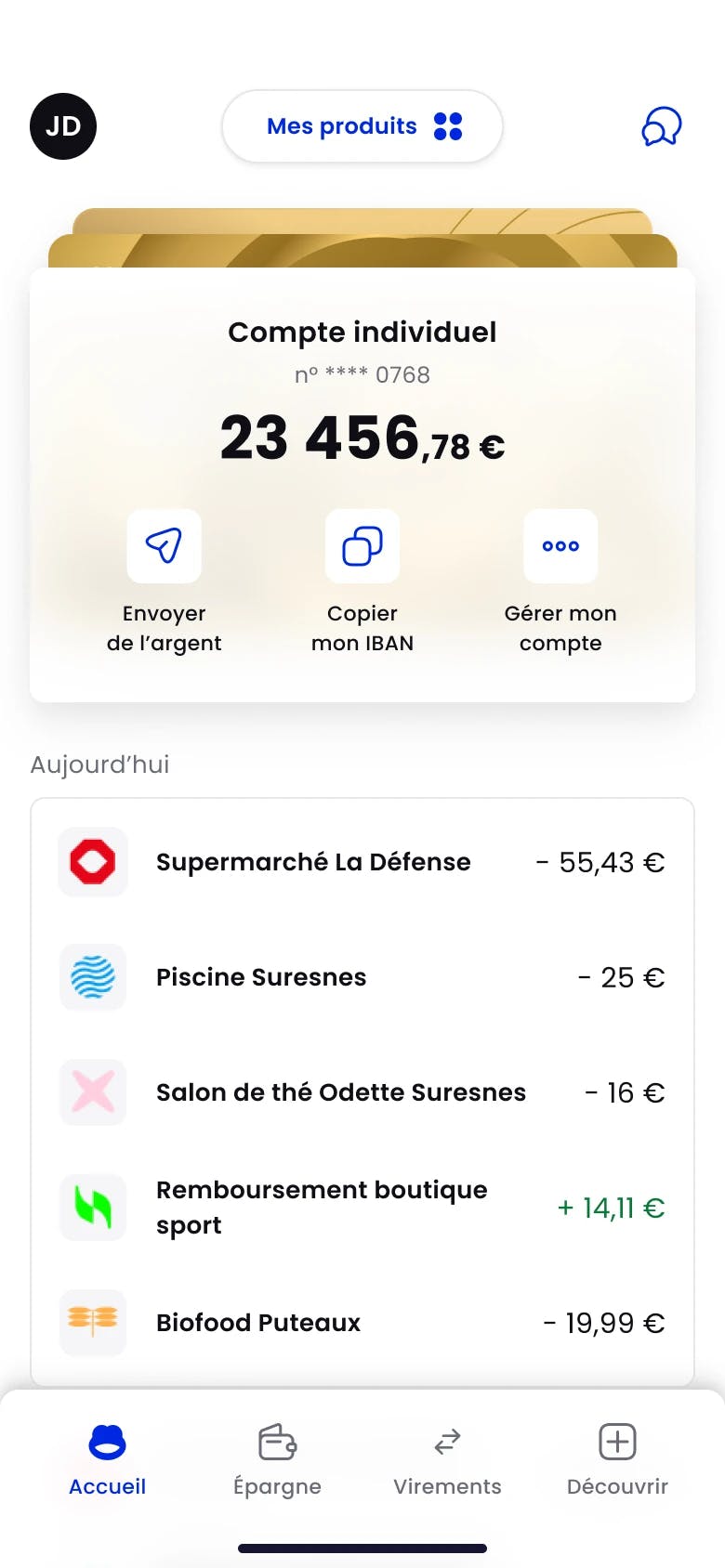 Écran de l'application mobile solde en temps réel