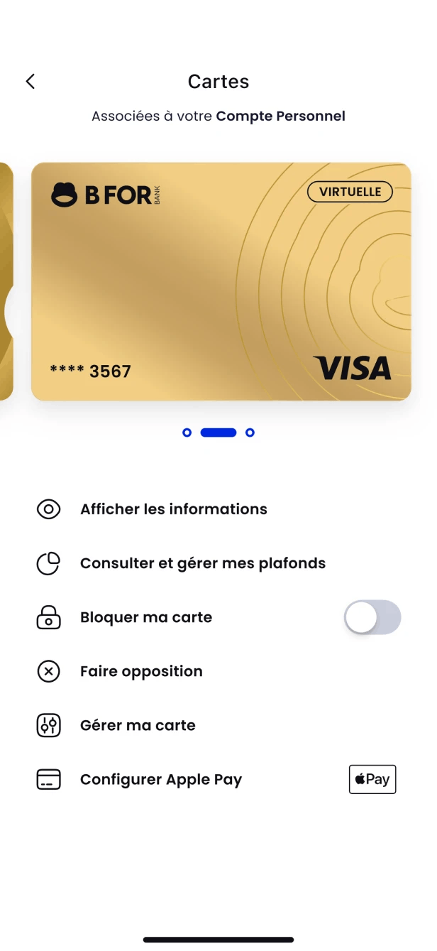 Écran de l'application mobile carte virtuelle BforZEN