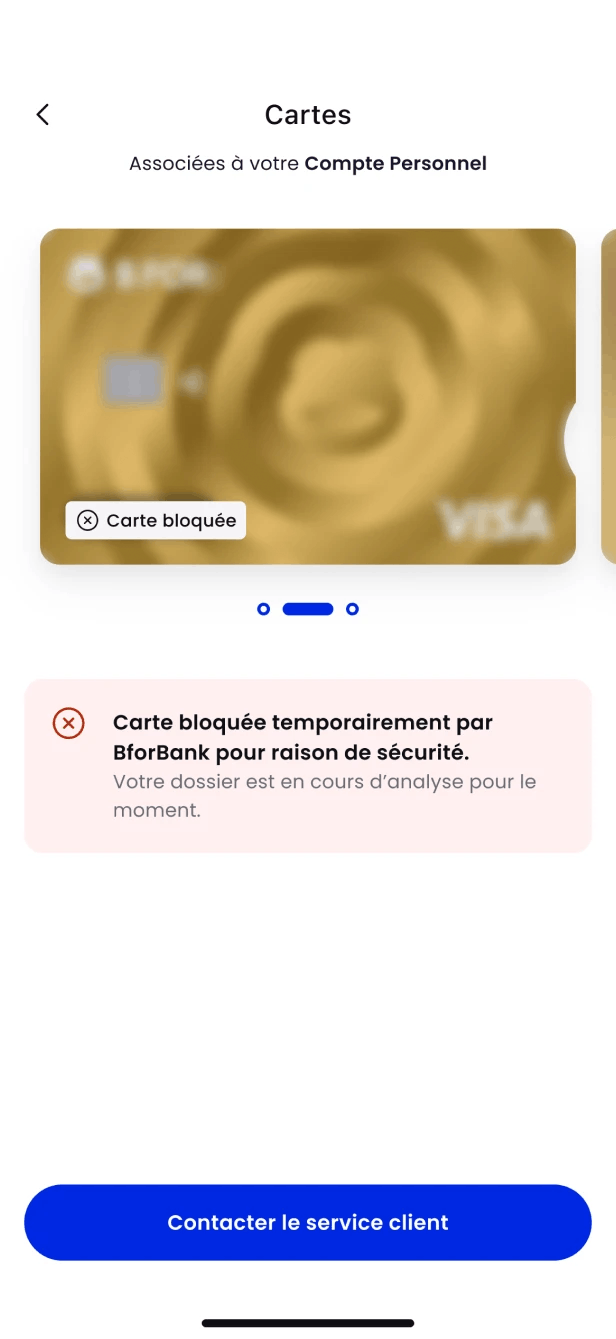 Écran de l'application mobile blocage de carte visa BforZEN