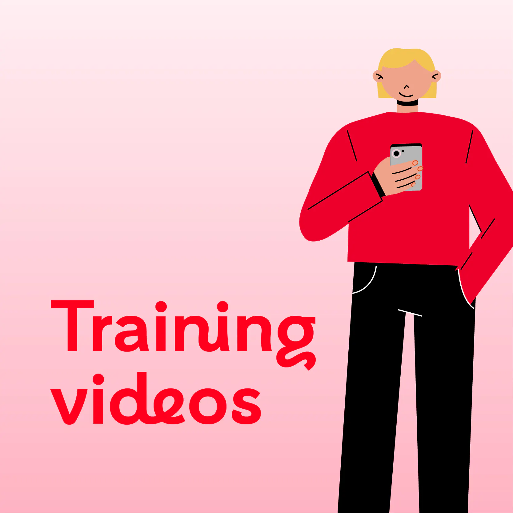 Training video tile with a cartoon scrolling on their mobile.