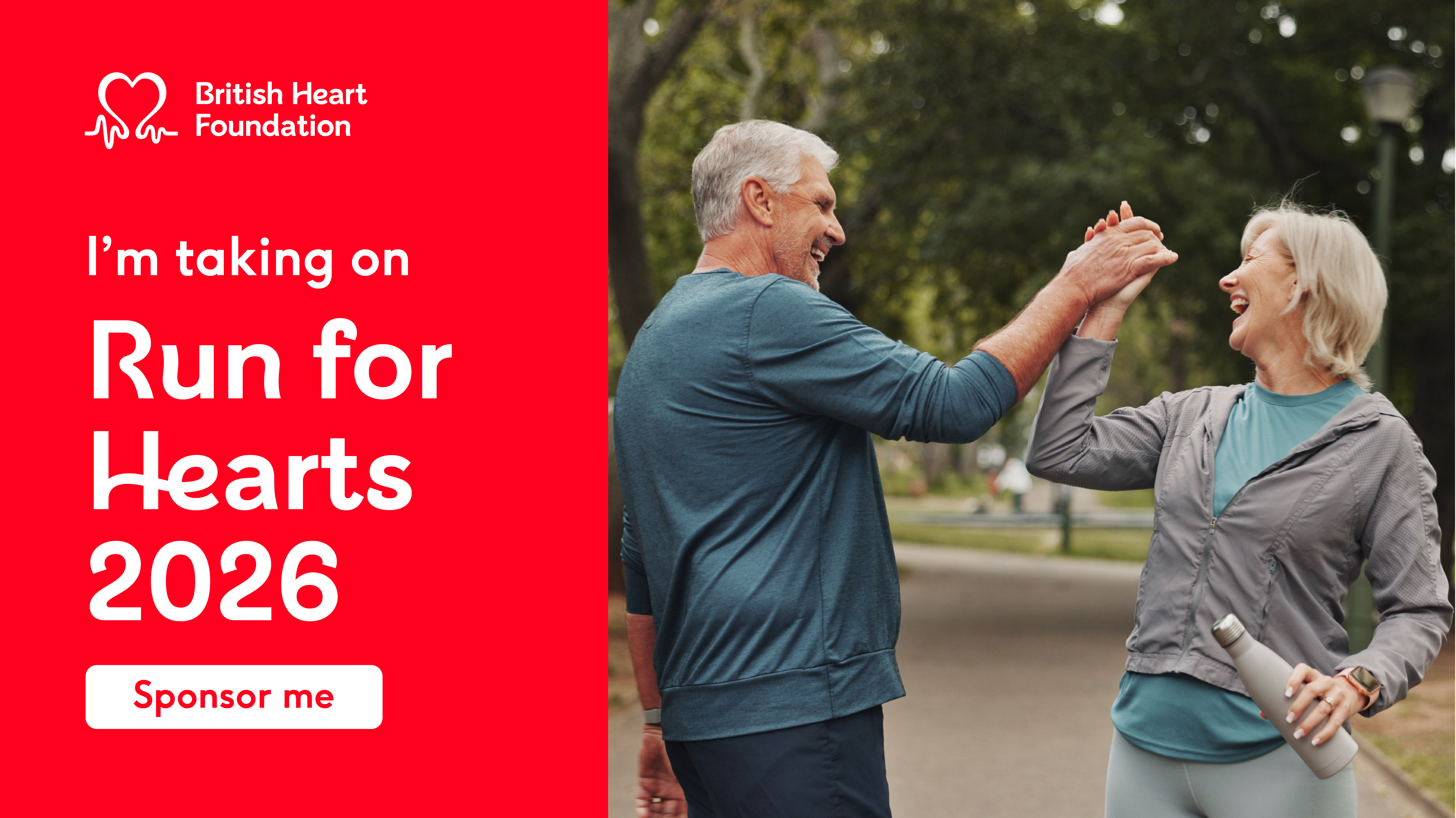 Two adults smiling and high-fiving outside in running clothes. 
