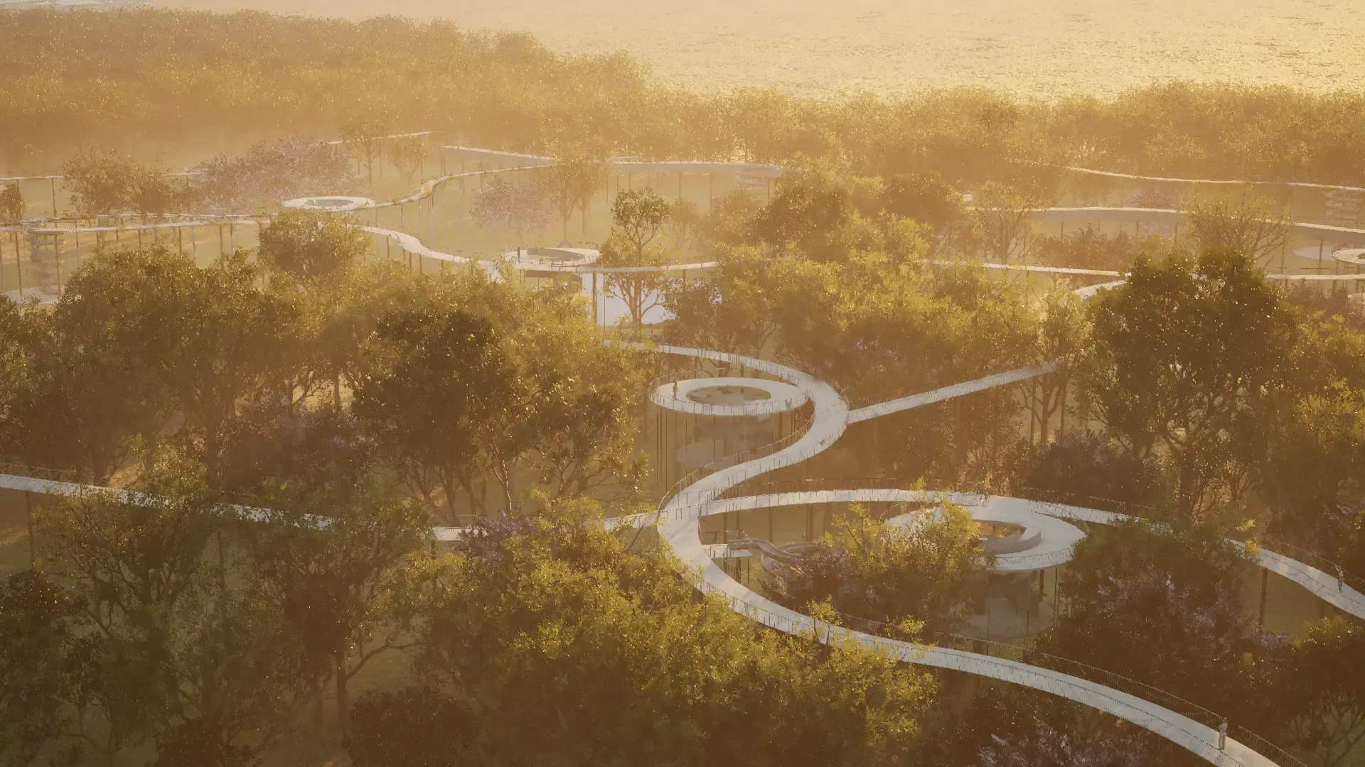 AERIAL VIEW OF ELEVATED WALKWAYS & CYCLEWAYS