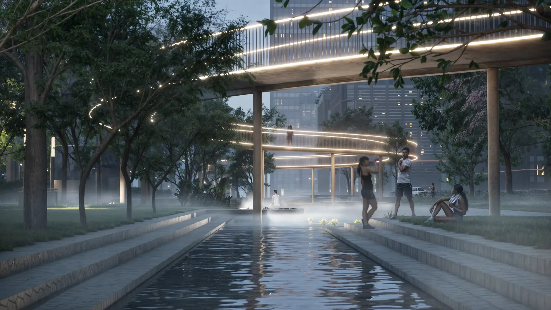 VIEW OF CANAL & ELEVATED WALKWAY AT NIGHT