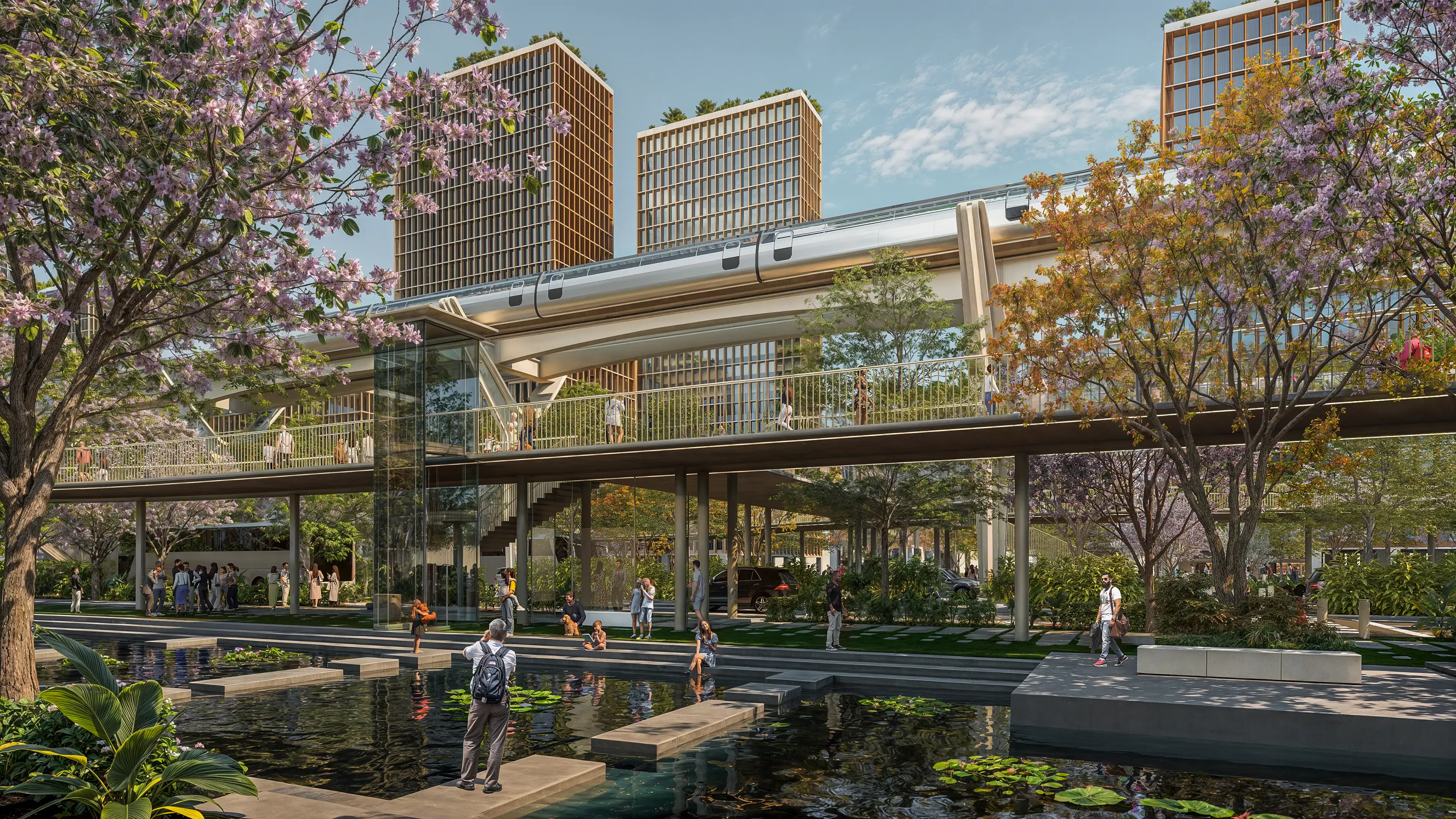 VIEW OF ELEVATED PEDESTRIAN WALKWAYS & MONORAIL CORRIDOR