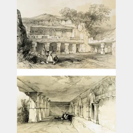 GROUP OF FIVE VIEWS OF AJANTA & ELLORA CAVES