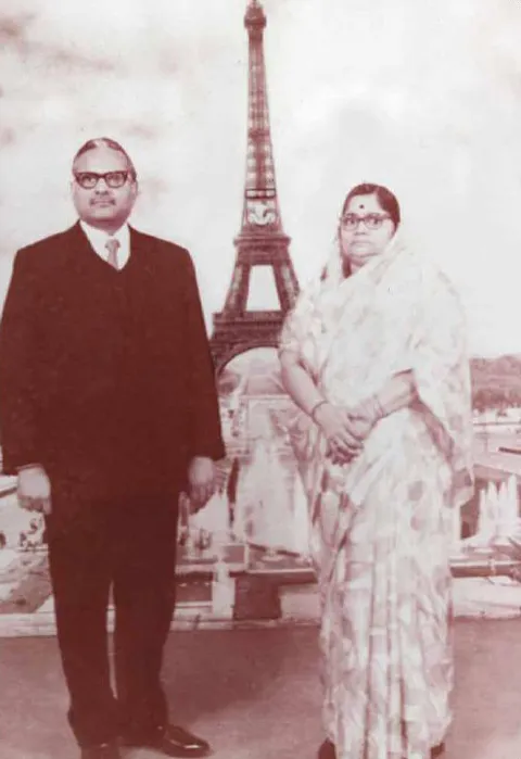 With wife Kaval Kavar, at the Eiffel Tower, during a visit to Paris in the 1960's