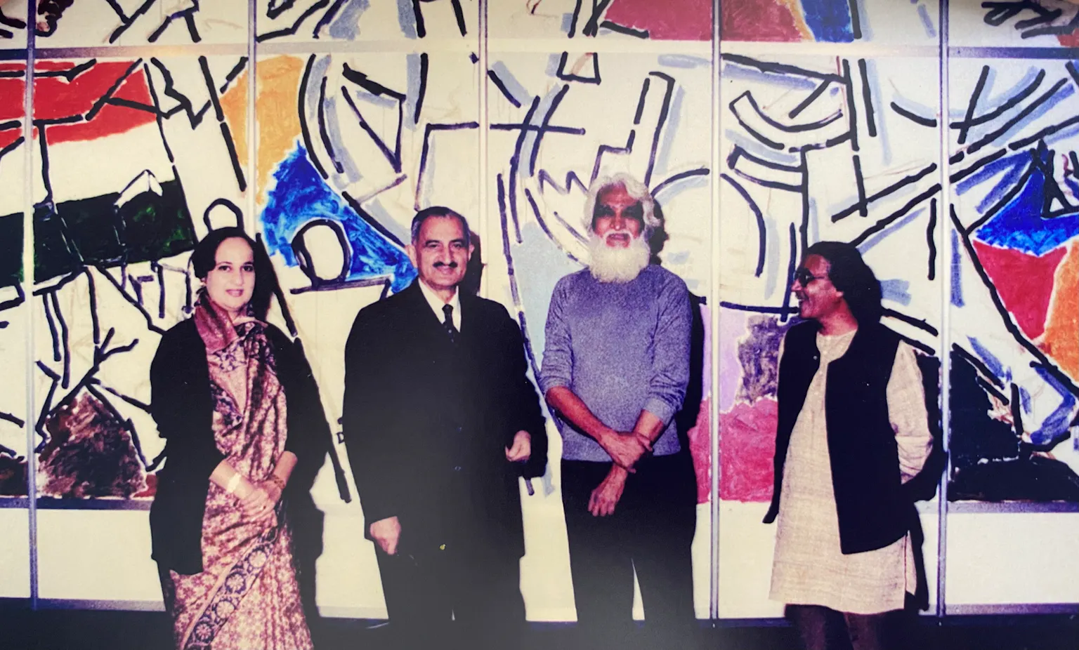 KB Goel (far right) with MF Husain and others at the Festival of India, Paris, 1986