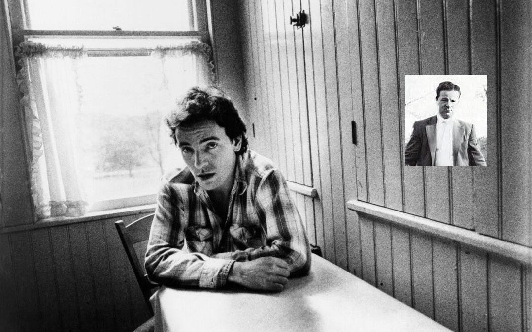 Promo shot of Bruce Springsteen for the 1982 release, Nebraska. Inset, father Doug Frederick Springsteen. 