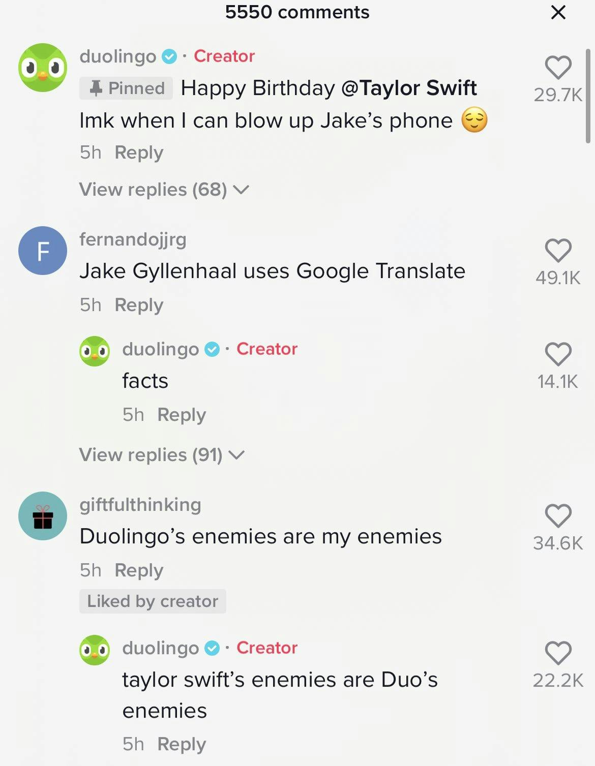 Duolingo comments on TikTok