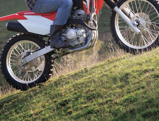Honda CRF250F in extreme red colour being ridden on off road track