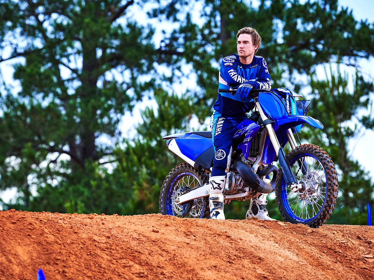 Yamaha YZ250 in team yamaha blue colour, being ridden off-track
