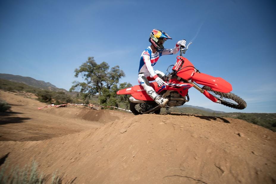 Honda CRF250R in extreme red colour on off road track