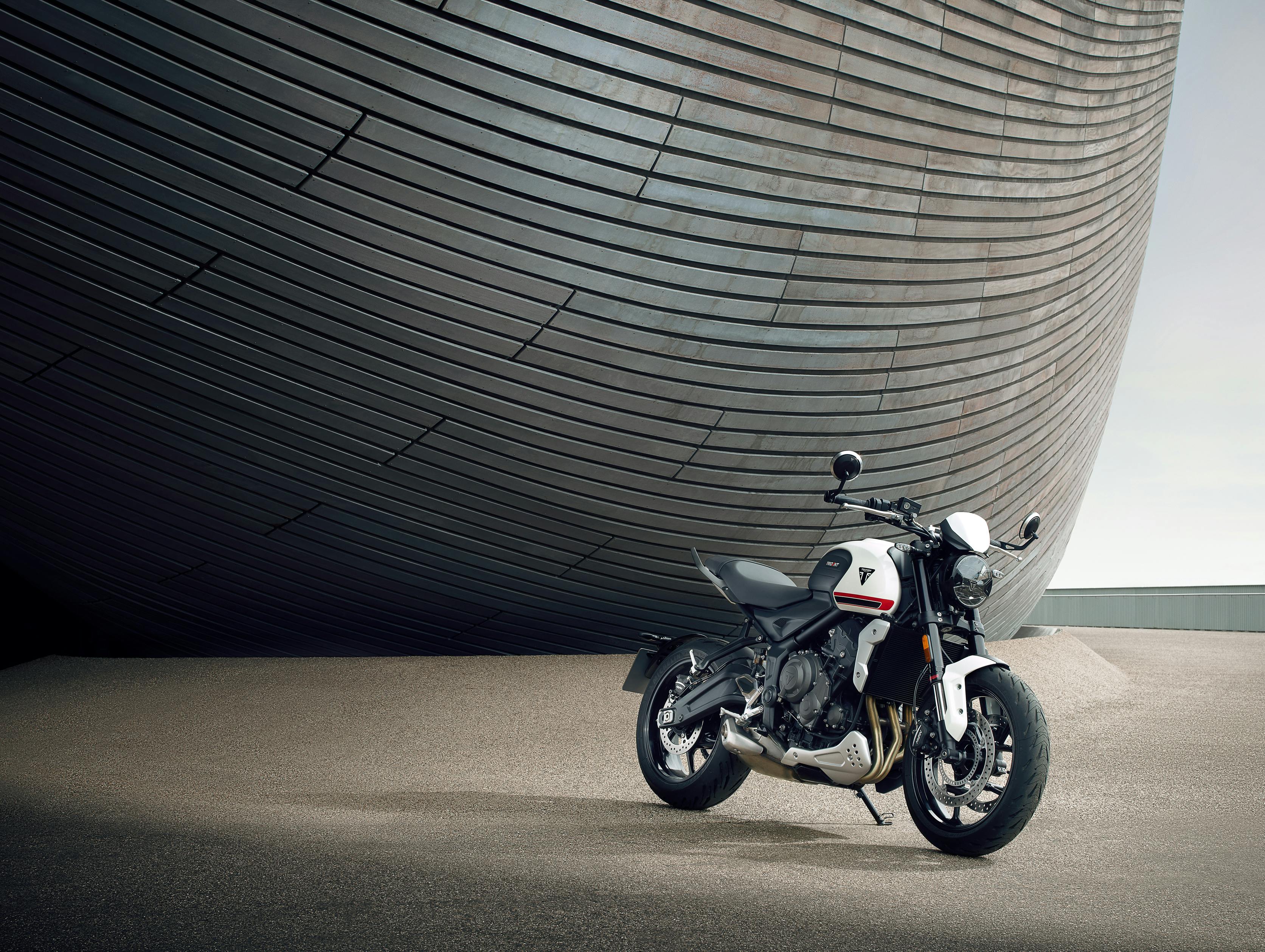 Triumph Trident 660 in Cystal White colour, parked