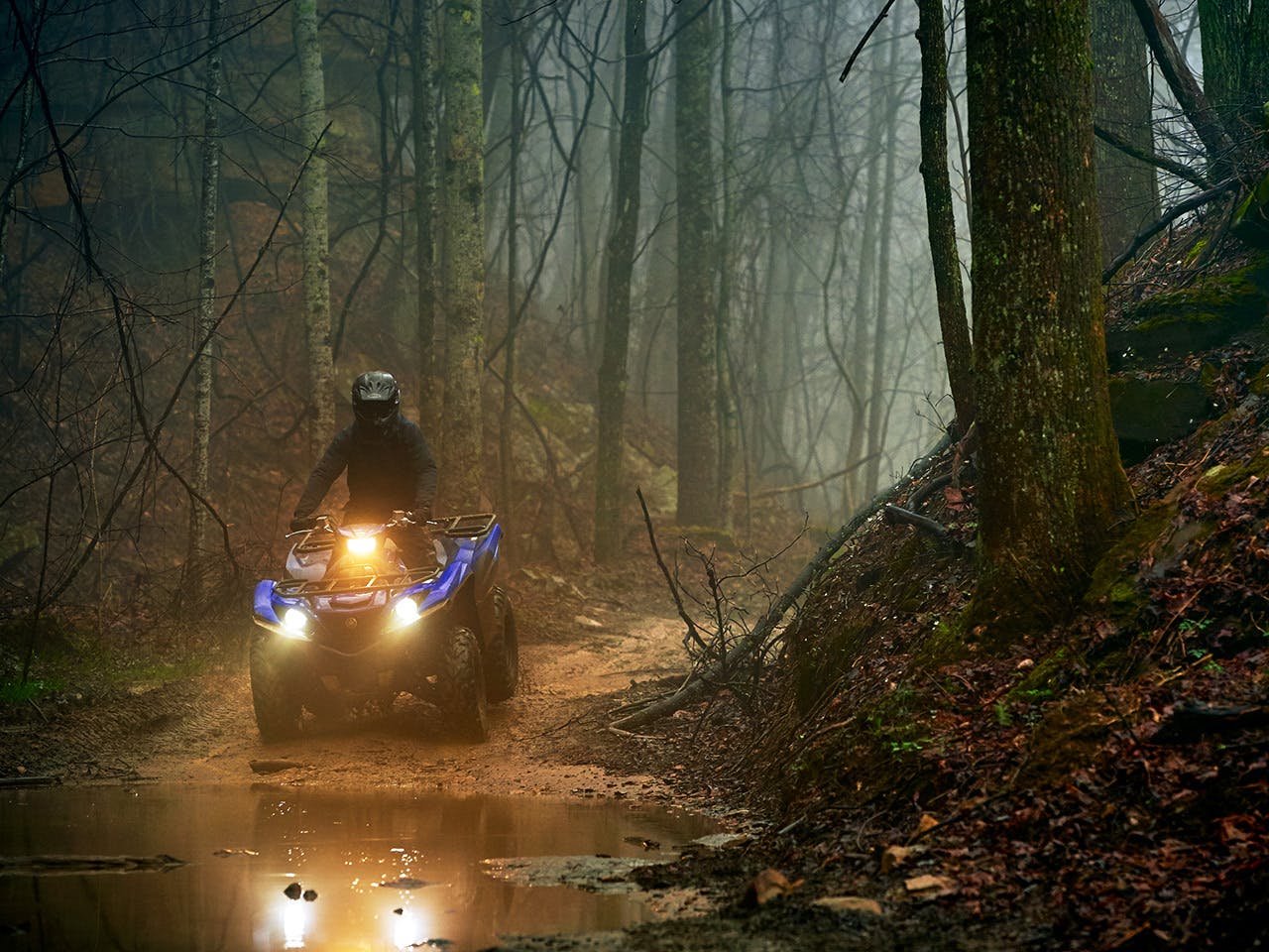 Yamaha Grizzly 700 in Steel Blue colour riding through the forest
