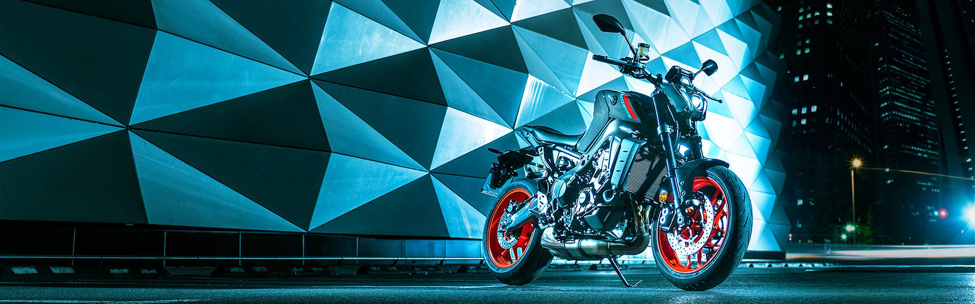 Yamaha MT-09 in storm fluo colour, parked