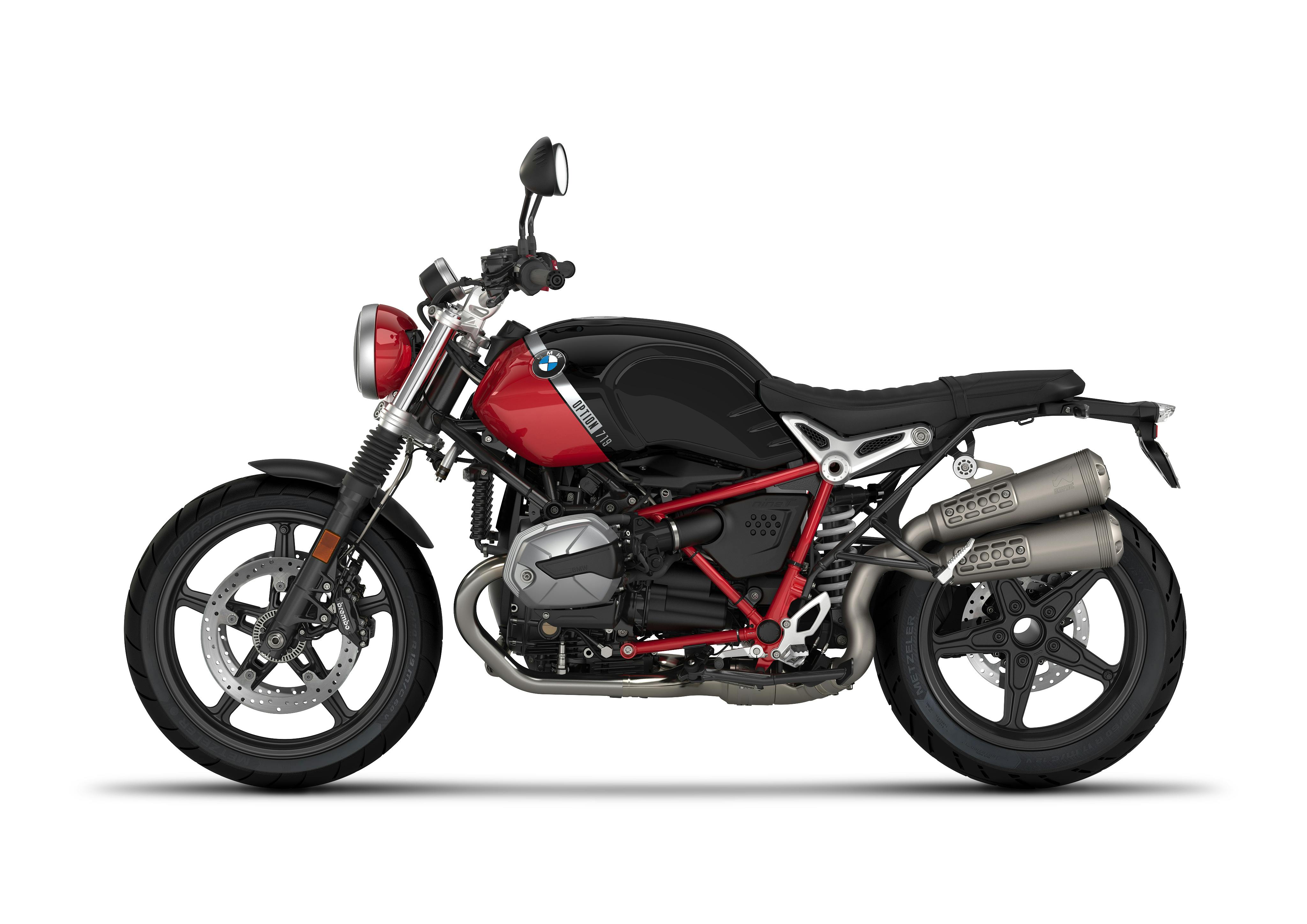 BWM R nineT Scrambler in Option 719 Black Storm Metallic / Racing Red colour