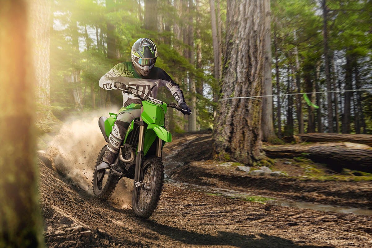 Kawasaki KX450XC in lime green colour on off road track