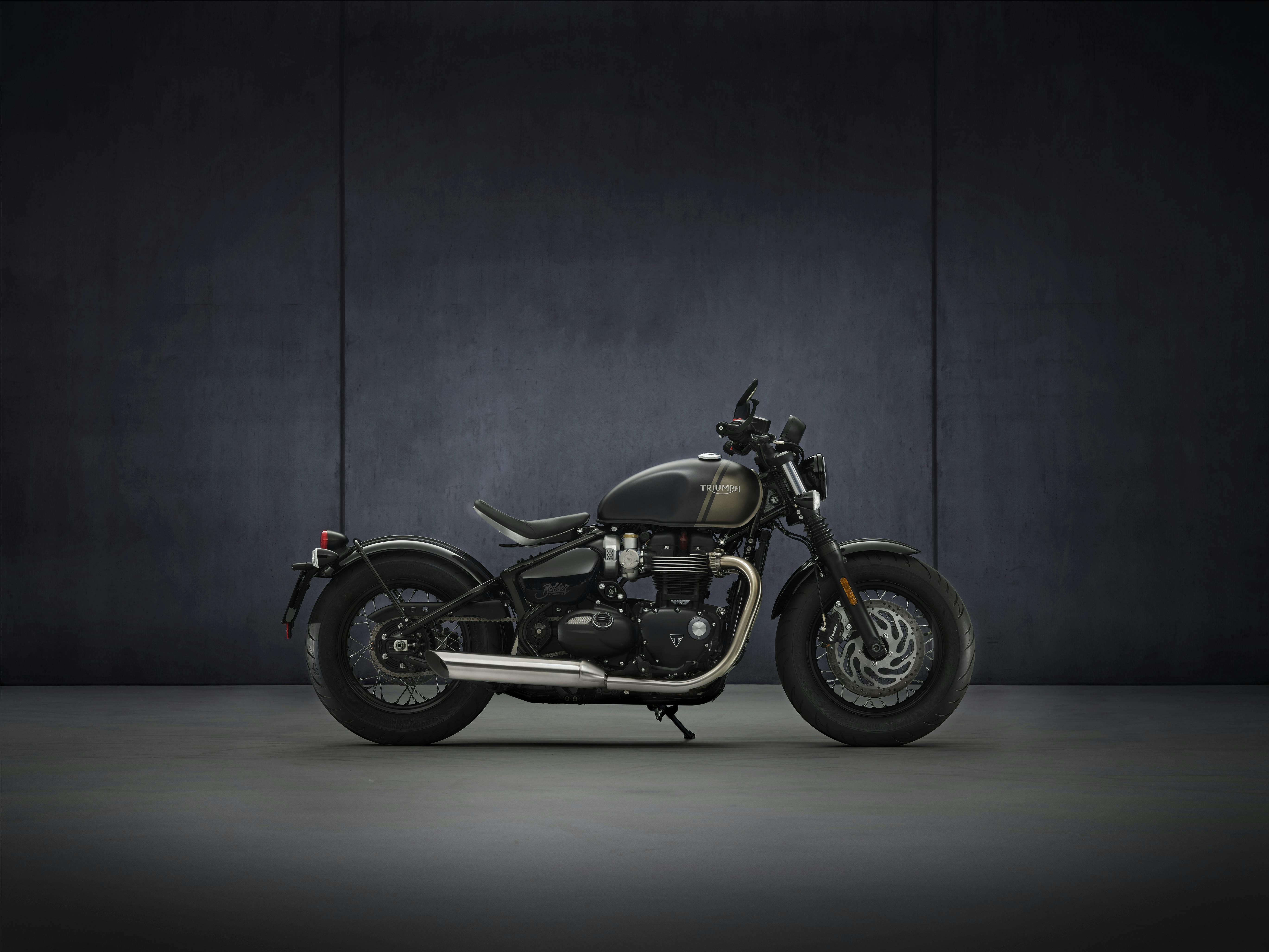 Triumph Bonneville Bobber in Matt Storm Grey colour, parked