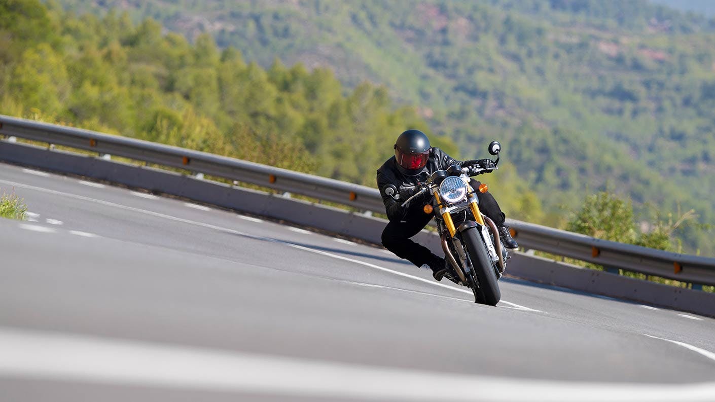 Triumph Thruxton RS in action on the road.