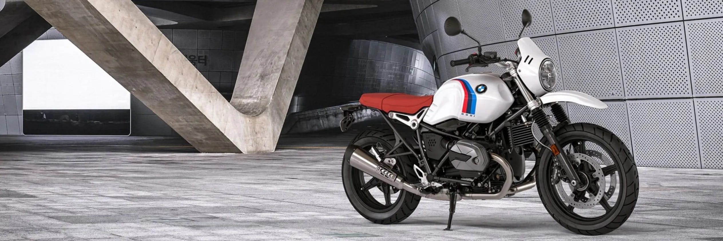 BMW R nineT Urban G/S in light white colour, parked