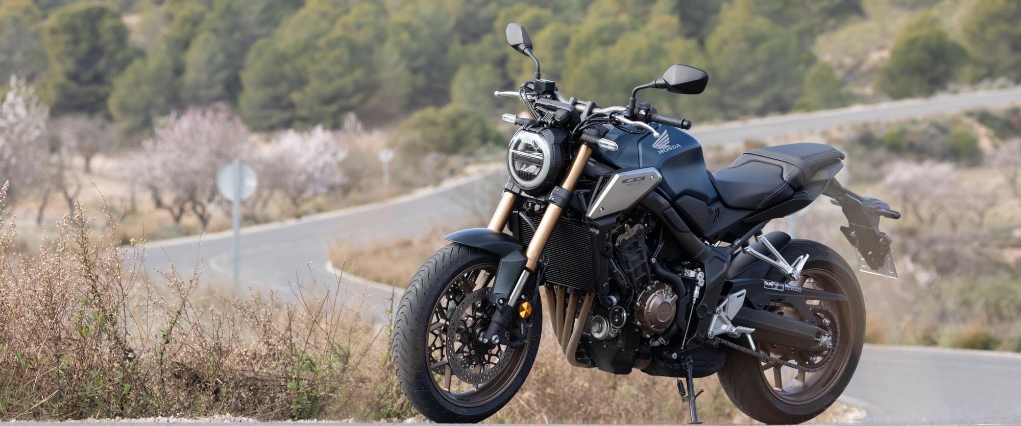 Honda CB650R in matte jeans blue metallic colour, parked