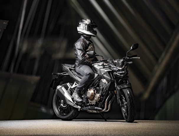 Honda CB500F in matte gunpowder black metallic colour, parked