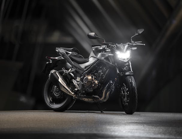 Honda CB500F in matte gunpowder black metallic colour, parked