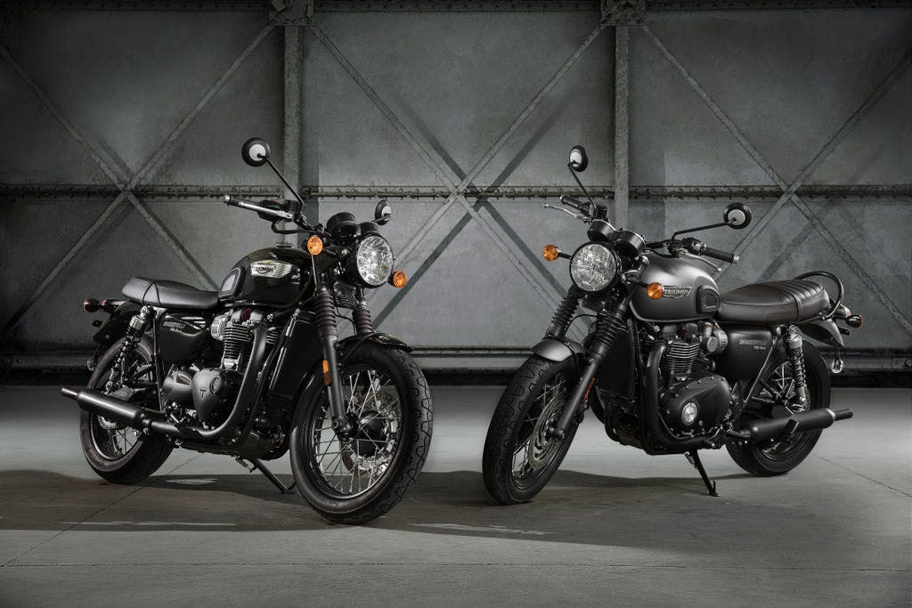 TRIUMPH THE BONNEVILLE T100 BLACK in jet black and matt black colour, parked