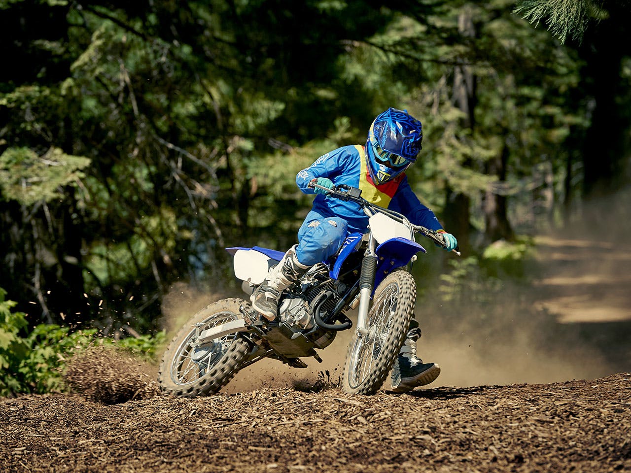Yamaha TT-R125LWE in Team Yamaha Blue and White colour, being ridden off-track