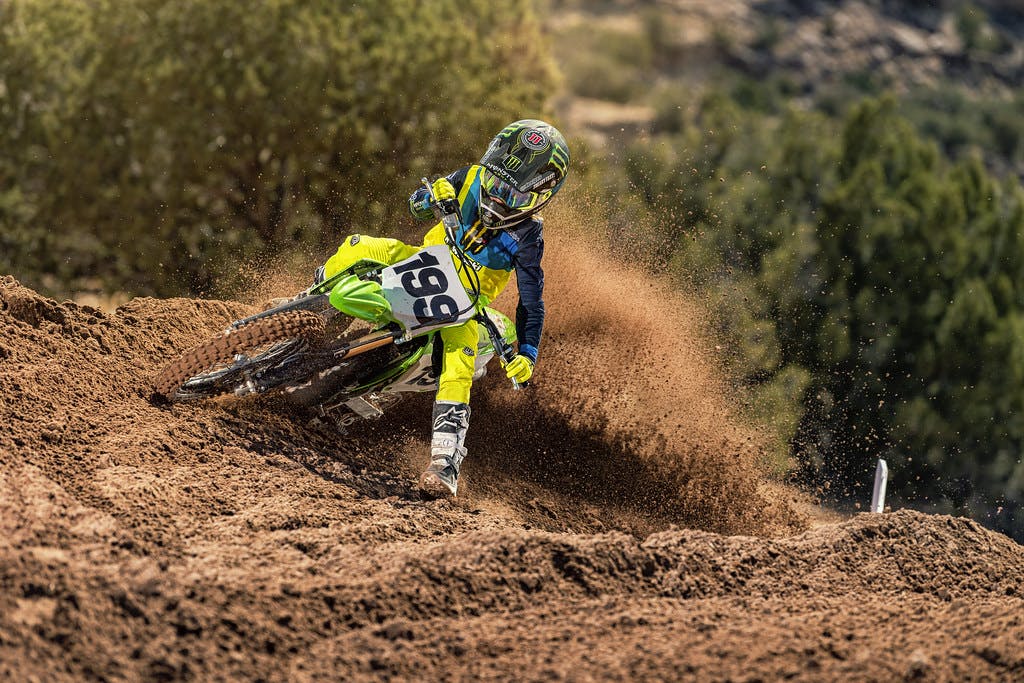 KAWASAKI KX85 in action on off-road track