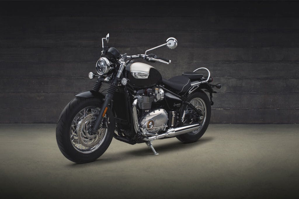 TRIUAMPH BONNEVILLE SPEEDMASTER in fusion white and phantom black colour, parked
