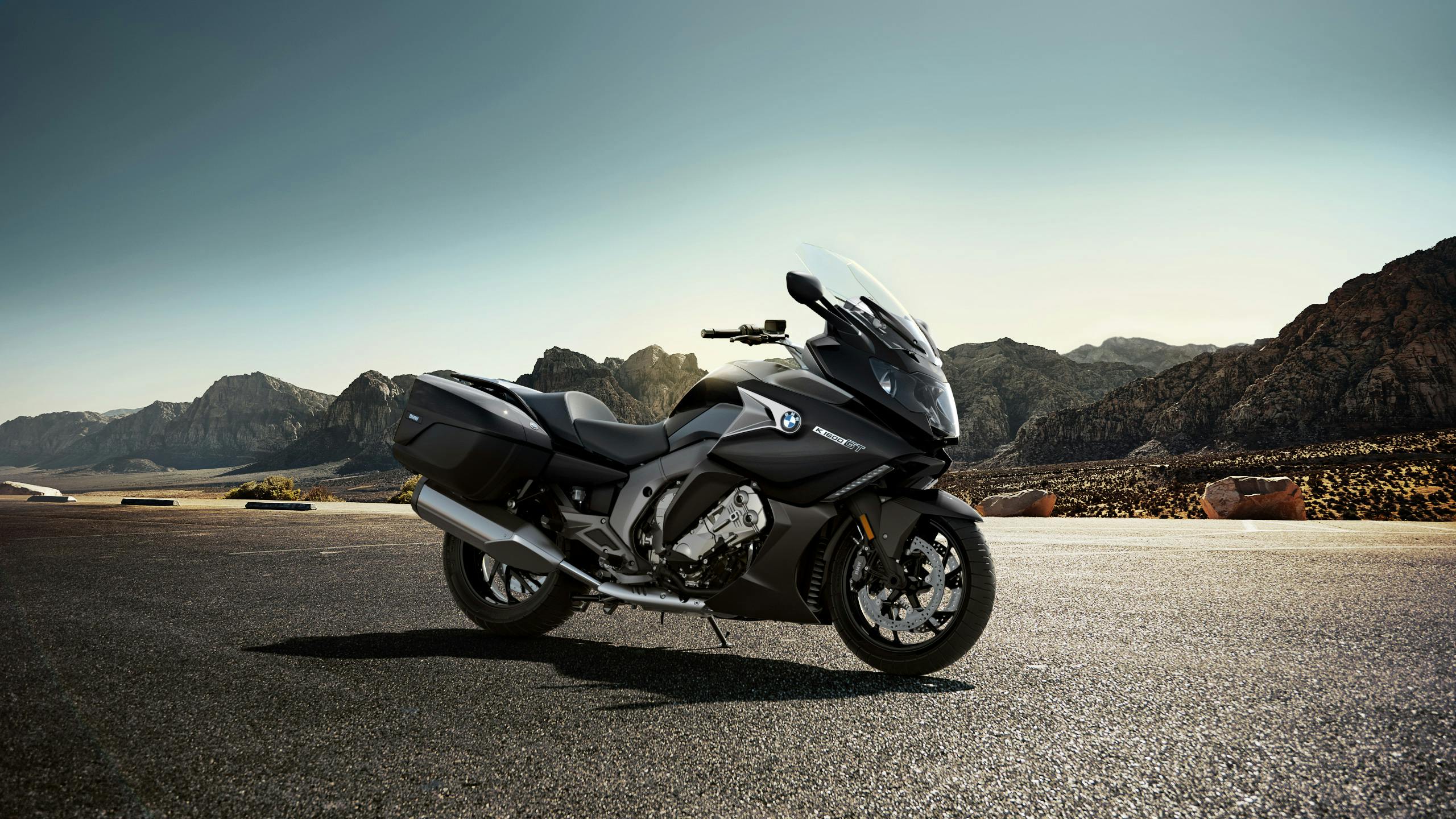 BMW K 1600 GT in black storm metallic colour, parked