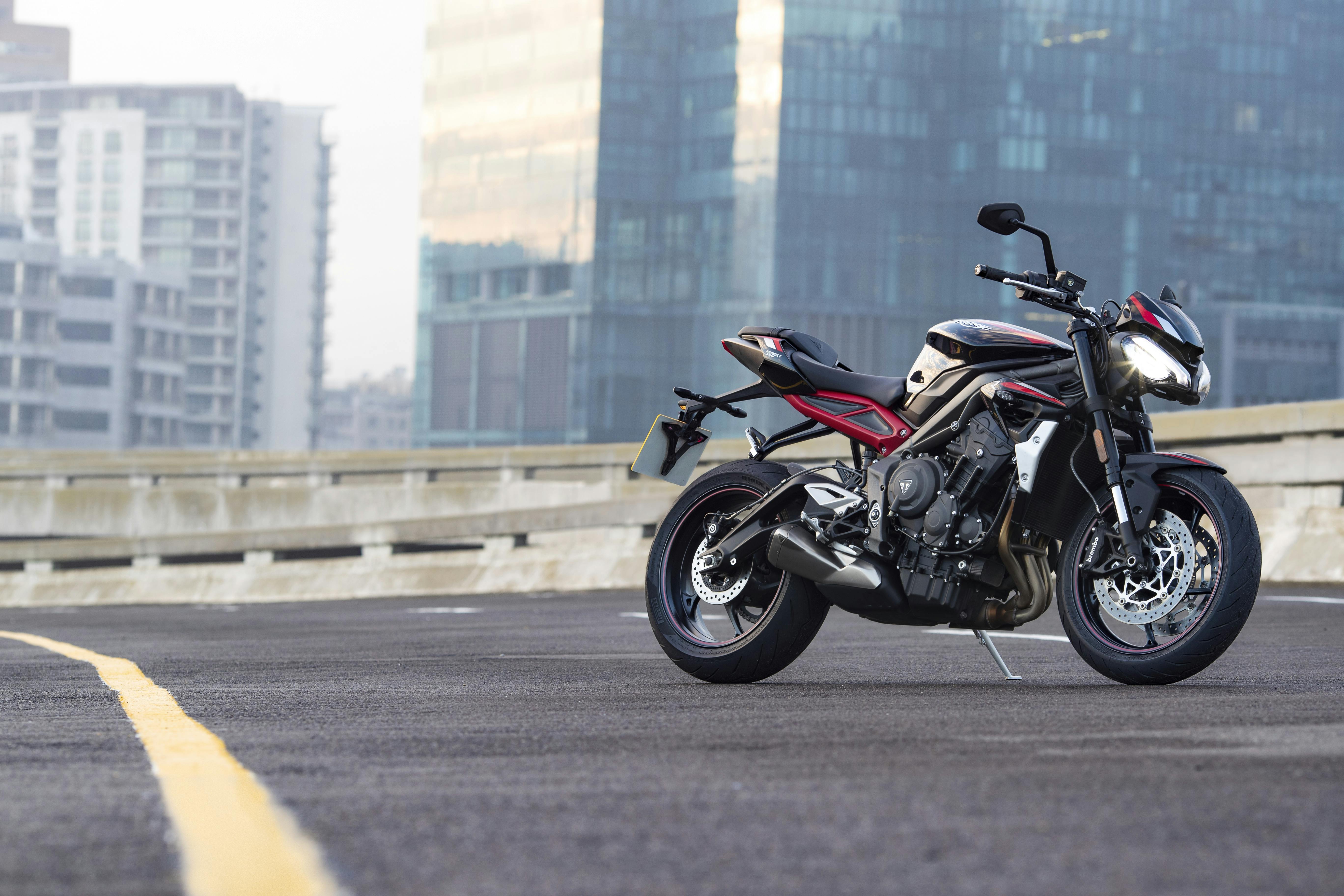 Triumph Street Triple R in jet black colour, parked