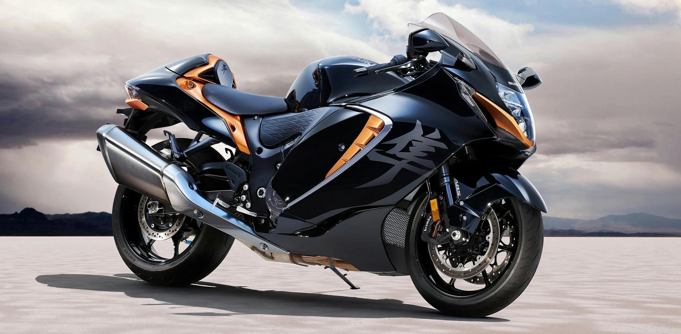 Suzuki Hayabusa Gen III in glass sparkle black candy burnt gold colour, parked