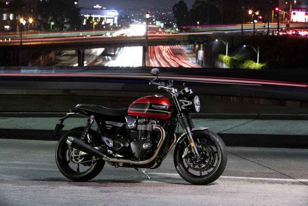 TRIUMPH BONNEVILLE SPEED TWIN in korosi red and storm grey colour, parked