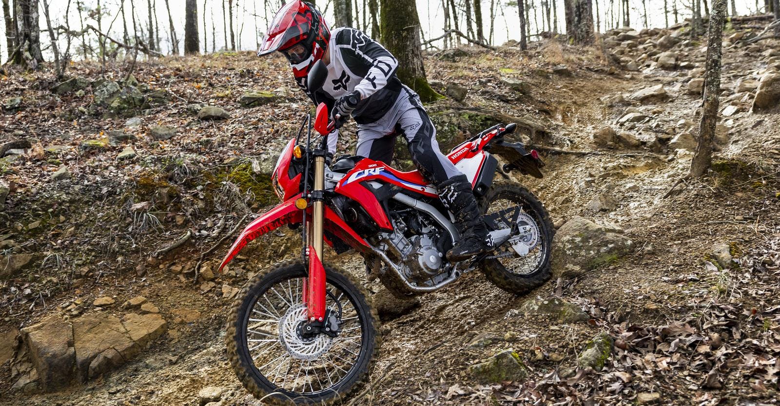 Honda CRF300L in extreme red colour on off road track