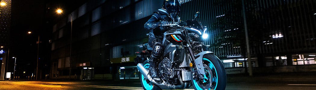 Yamaha MT-10 in cyan storm on the road