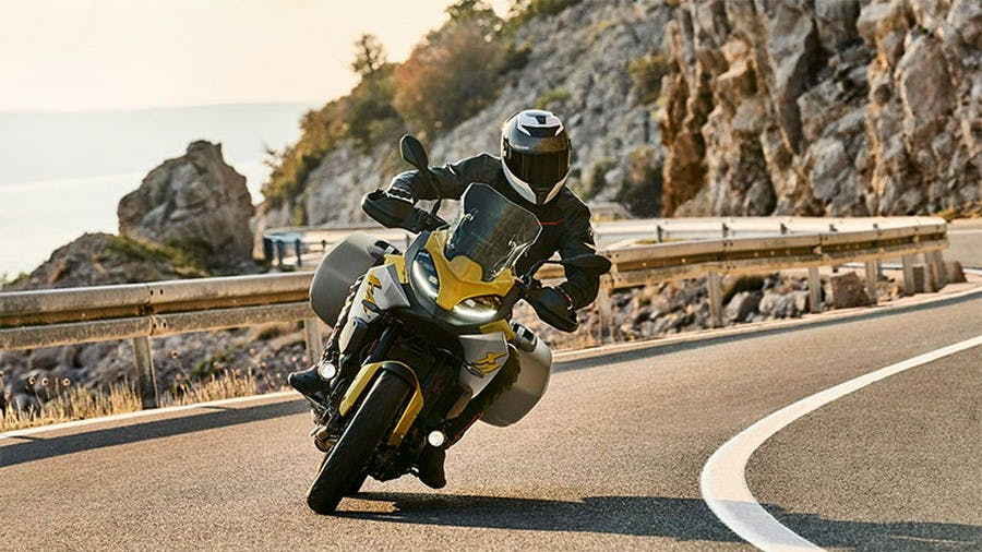 BMW F 900 XR in Exclusive Style - Galvanic Gold Metallic colour on the road.