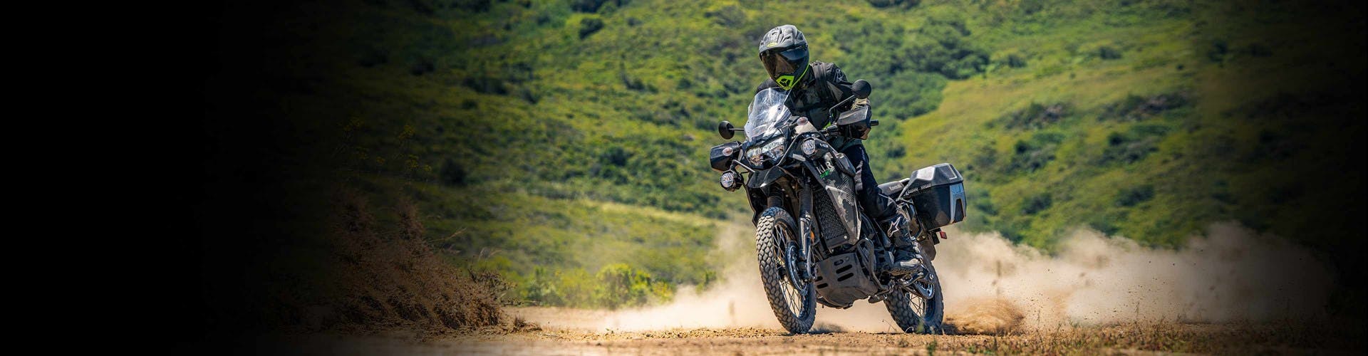 Kawasaki KLR650 Adventure in cypher camo gray colour in action on off-road track
