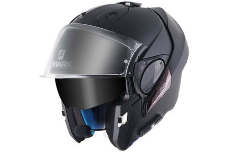 The Sharktooth Prime on an Evo-Line helmet that is open