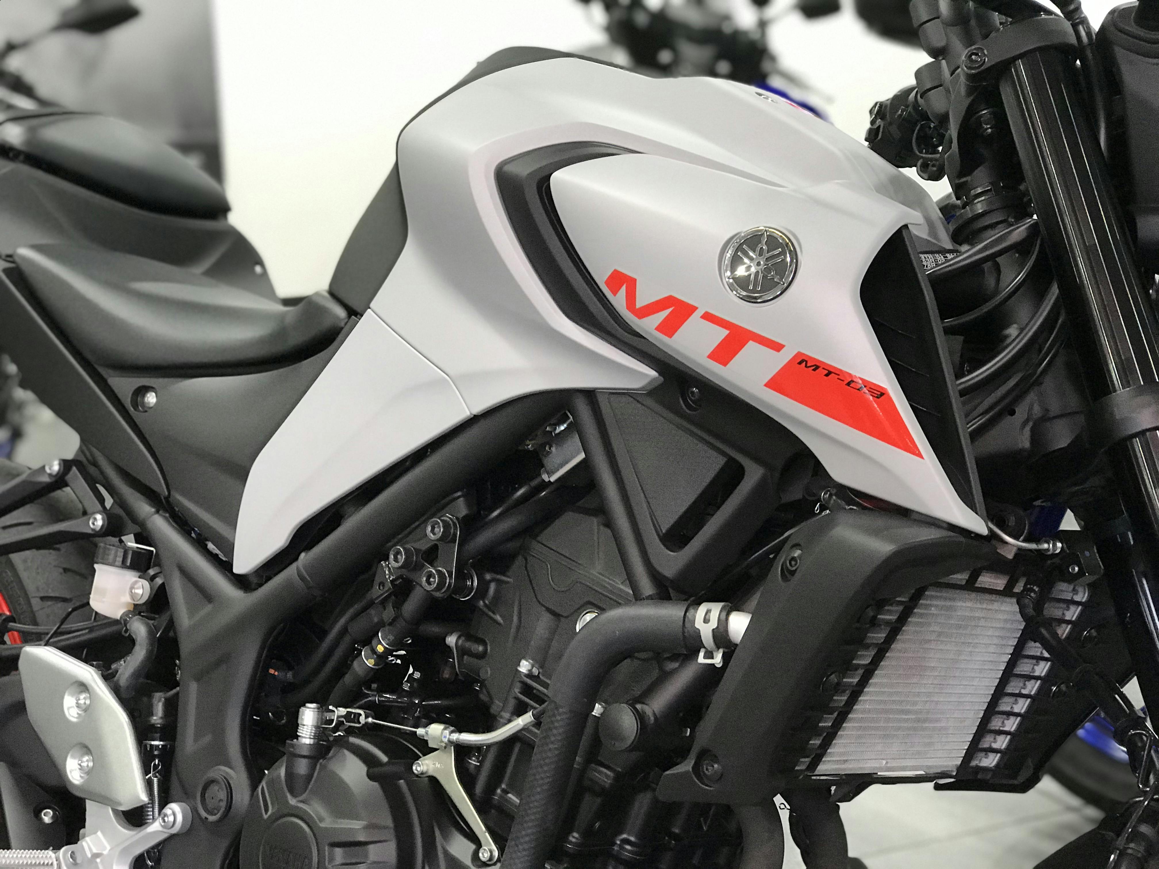 A close up of the Yamaha MT-03 tank in Grey