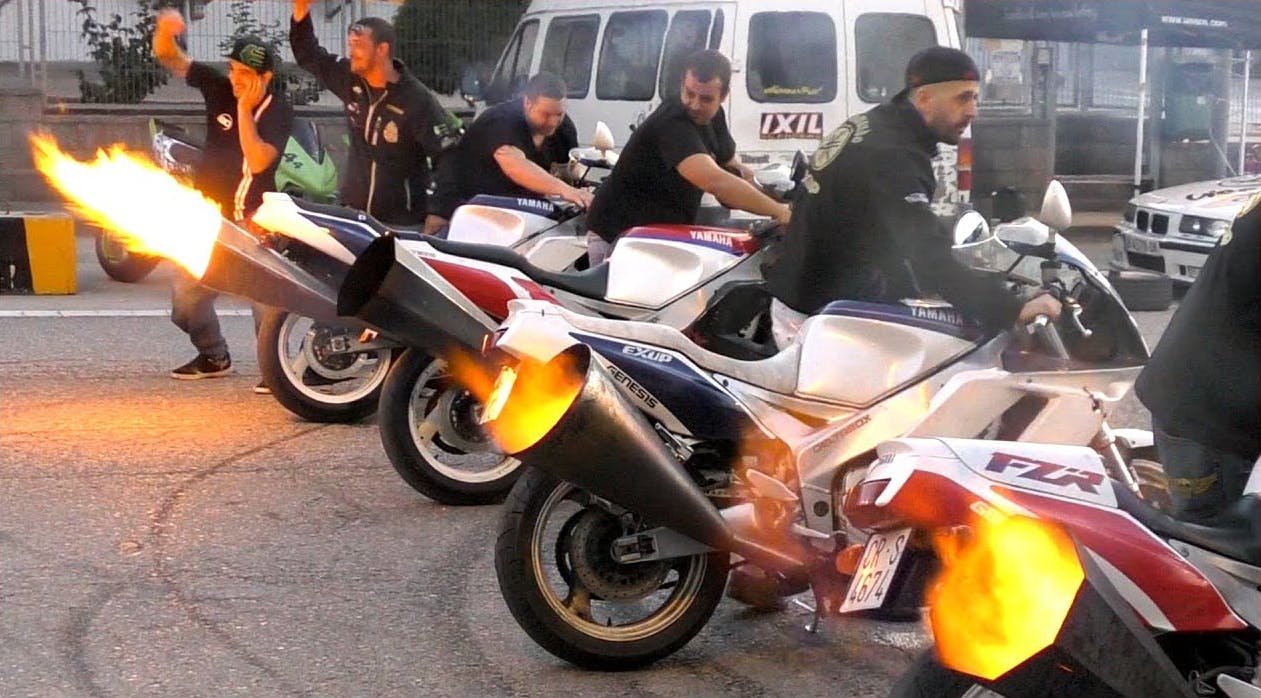 Motorcycles with large after market exhausts