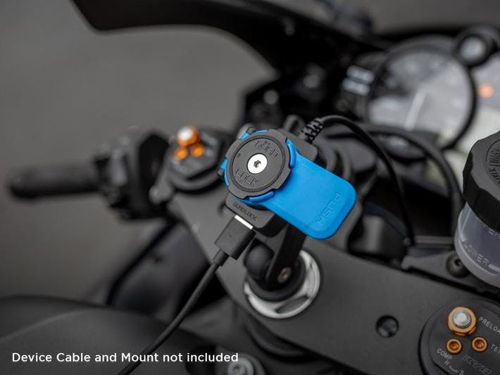The USB Charger from Quad Lock on a motorcycle