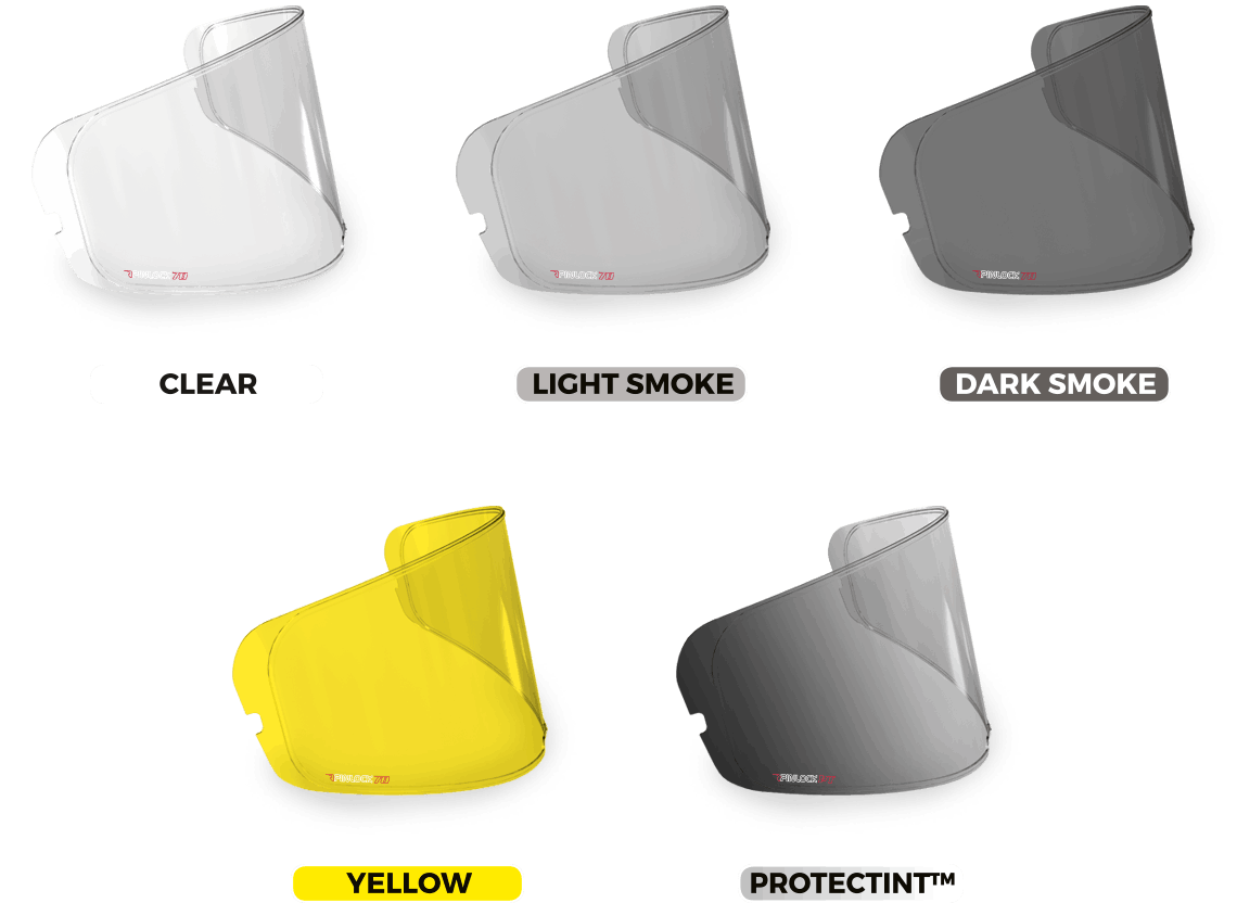 All the different colours of Pinlock insert available- clear, light smoke, dark smoke, yellow, Protectint.