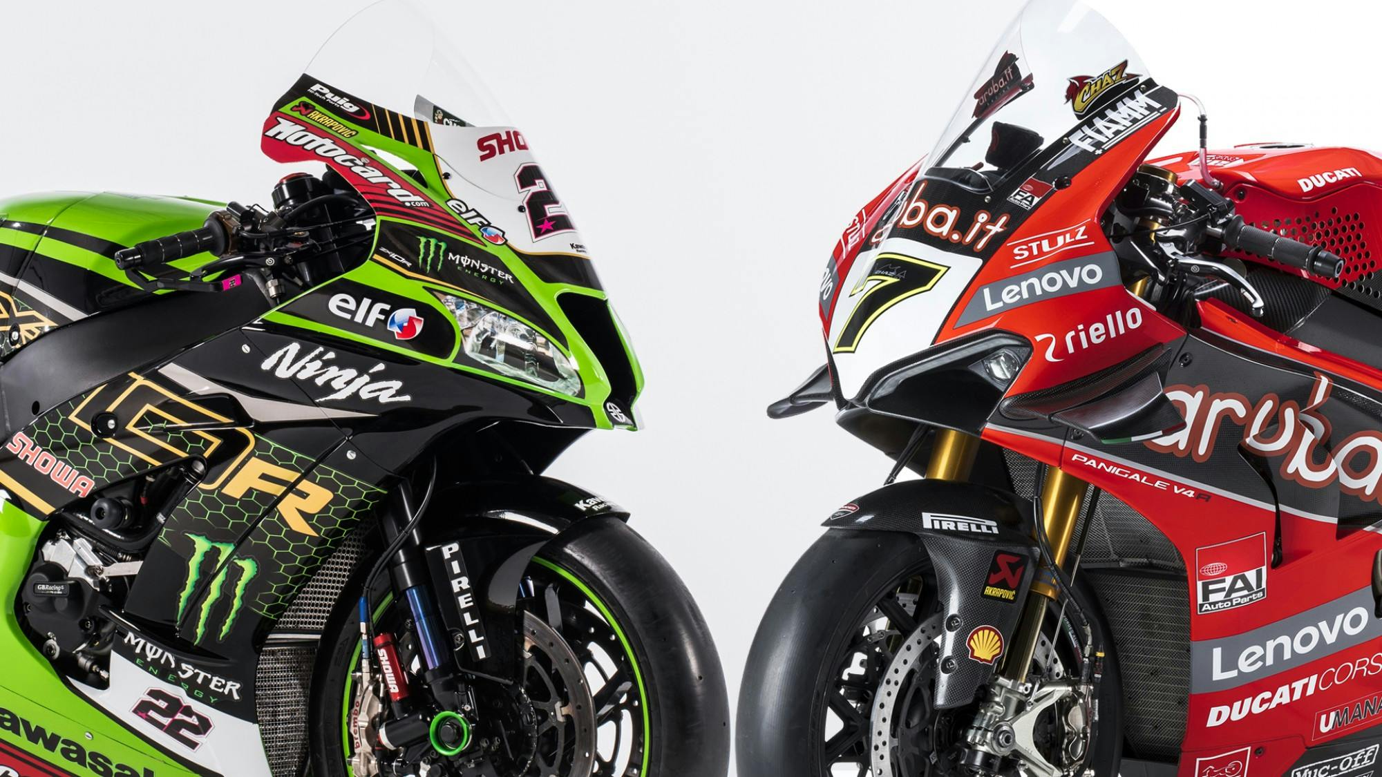 Kawasaki super-sport motorcycle  and a Ducati super-sport motorcycle  facing each other